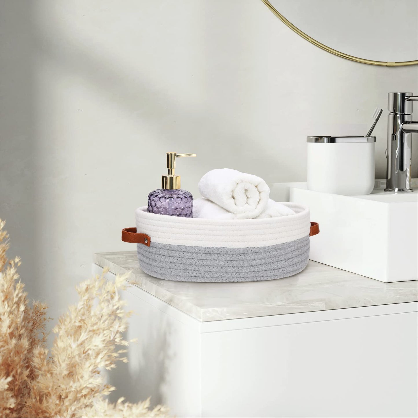 HLWDFLZ Bathroom Countertop Organizer Basket, Cotton Rope Woven Storage Basket Toilet Paper Decorative Basket for Bathroom, Bedroom, Living Room, Entryway 13"x6.3"x4.3" (Off White/Gray)