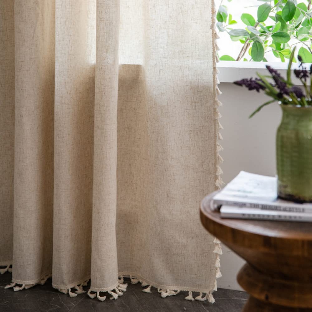 AMZALI Cotton Linen Textured Curtains with Tassel Semi-Blackout Drapes Farmhouse Window Curtain Panels Rod Pocket Curtain for Living Room Bedroom One Panel 84 Inch Length