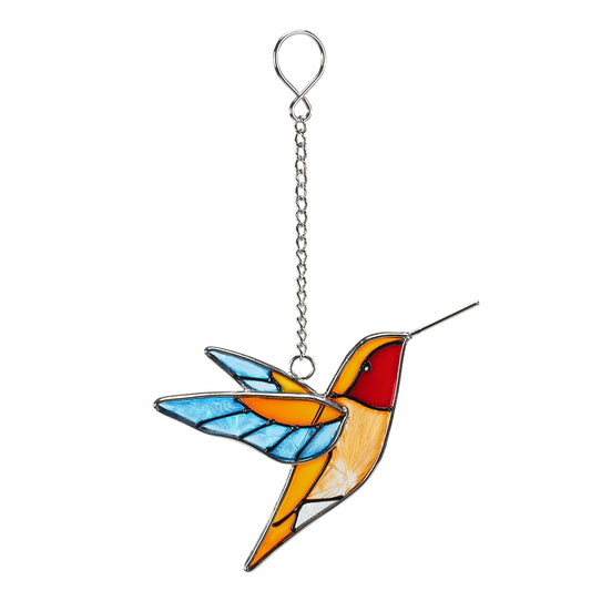 MYCRLIFE Handmade Stained Glass Hummingbird Hanging Ornament - Colorful 4.3x4.9 Inch Window/Garden Decor for Mom, Grandma, Mother's Day - Patio, Home, Wedding Decorations (Blue Wings)