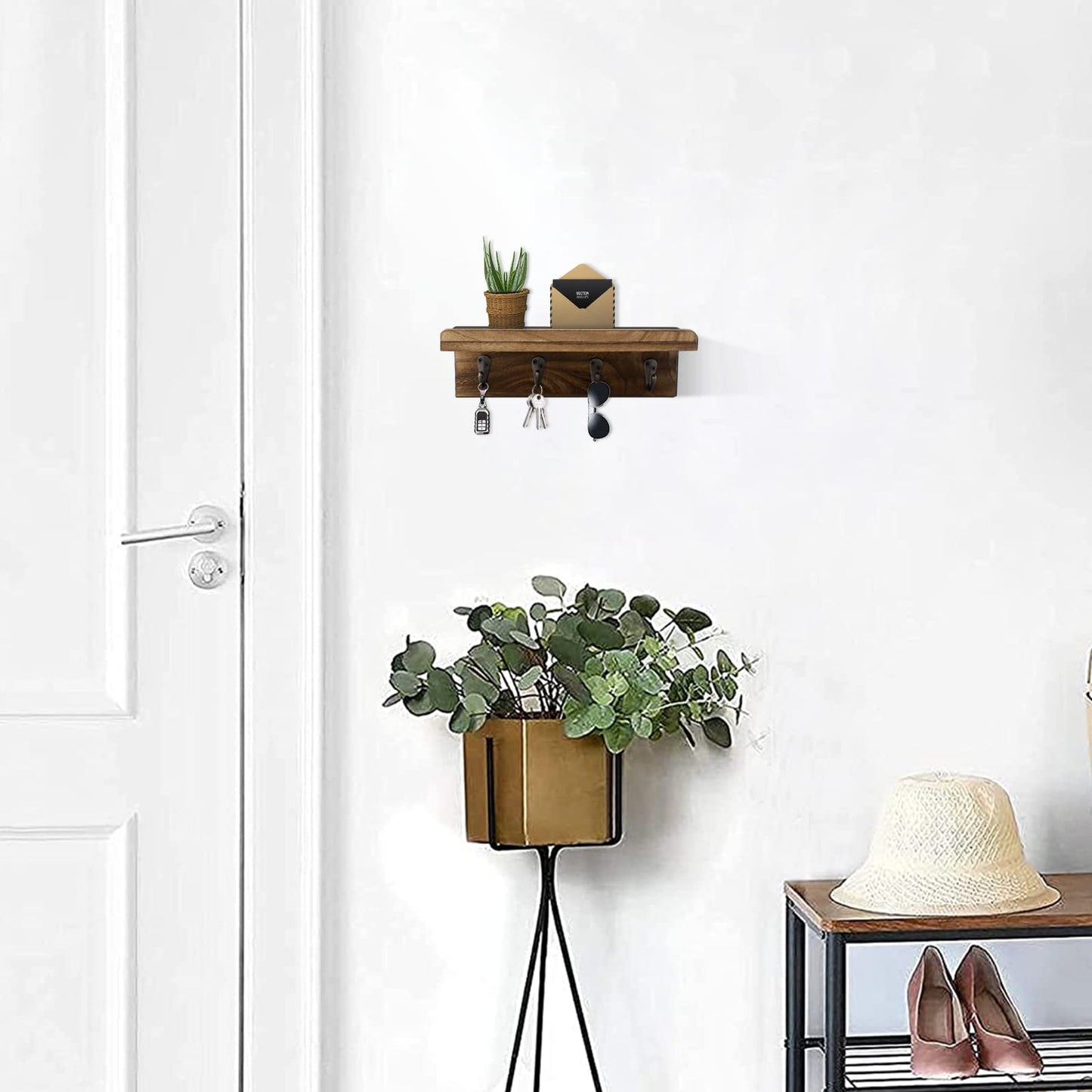 HRONRAD Rustic Key Holder for Wall, Farmhouse Wall Shelf with 4 Hooks, Wall Mounted Key Racks, Wooden Mail Organizer with Hooks for Entryway (Brown)