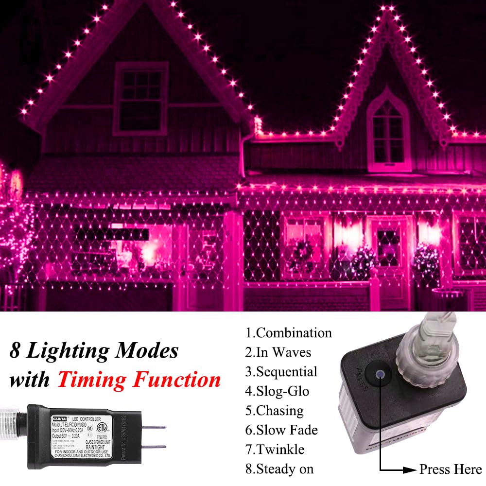 Pink Net Light Valentine’s Day Decor Mesh Lights, 240LED Timer Tree Warp Fairy Lights Outdoor Hanging String Light for Home, Bedroom, Garden, Walkway, Bushes, Christmas Decor-9.8ft x 6.6ft(Pink)