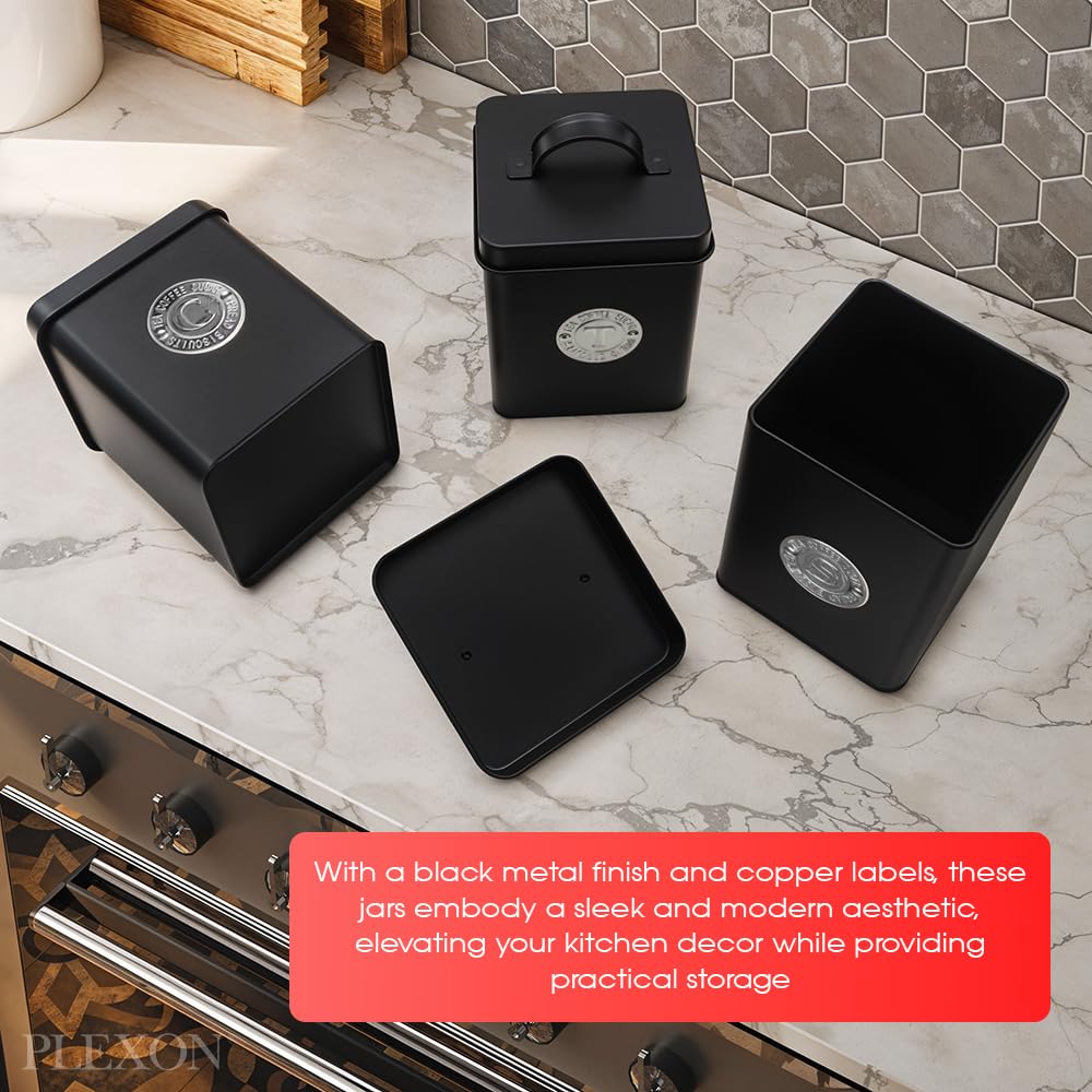 Plexon Canisters Sets for the Kitchen, Kitchen Canisters for Countertop Set of 3, Canister Sets with Lids and Copper Labels, Black
