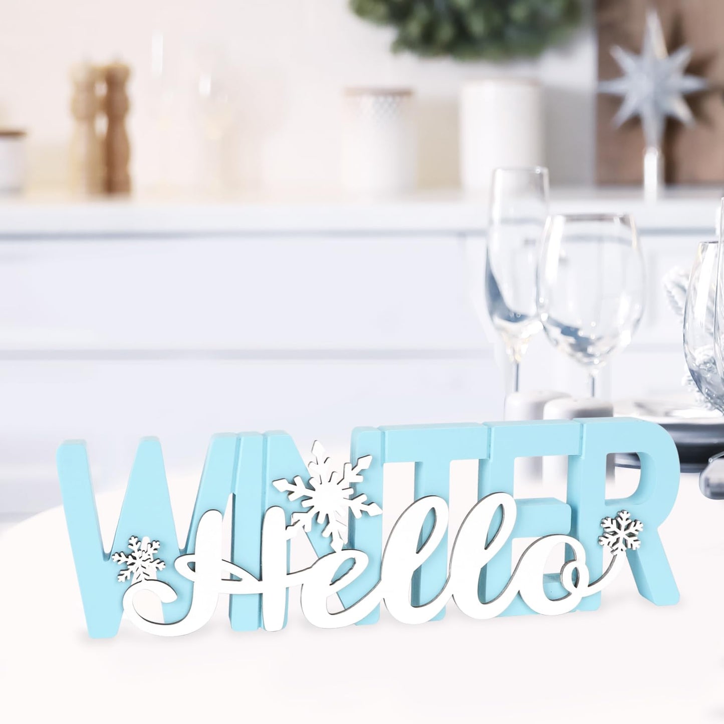 COCHIE Wooden Hello Winter Sign, Holidays Snowflake Decorations for Home, Office, Shelf, Mantel, Indoor, Wood White Snowflake Decor, Blue Table Top Party Supplies Decoration (Winter)