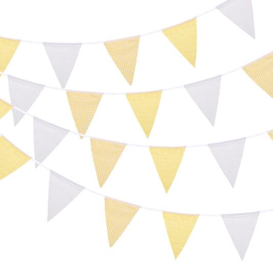 MECCANIXITY 33ft Yellow White Plaid Checkered Pennant Banner, 36 PCS Triangle Flags Fabric Bunting Banner for Birthday Wedding Outdoor Garden Decor
