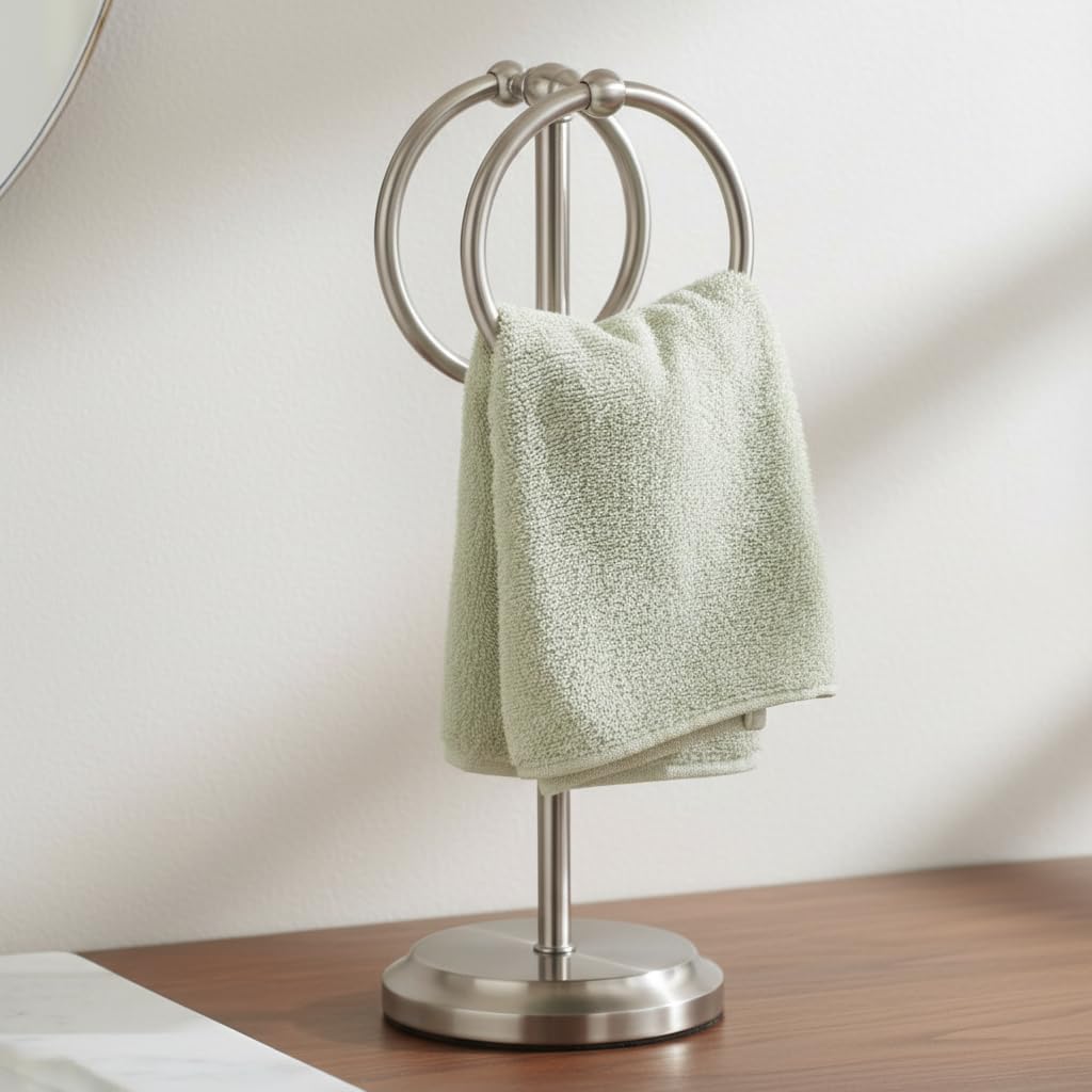 J&V TEXTILES Steel Towel Rack Holder Stand with 2 Hanging Rings for Bathroom Vanity Countertops - Space Saving Hand Towel Holder (Brushed Satin Nickel)