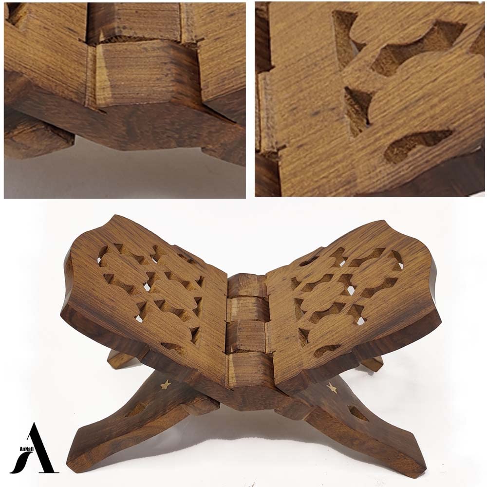 AnNafi® Wooden Book Holder Stand | Rehel/Rehal for Quran Geeta Bible | Indian Book Holders for Reading Hands Free for Desk Gold Stickers | Holy Book Stand Prayer Wood Islam Decor Handmade Gifts