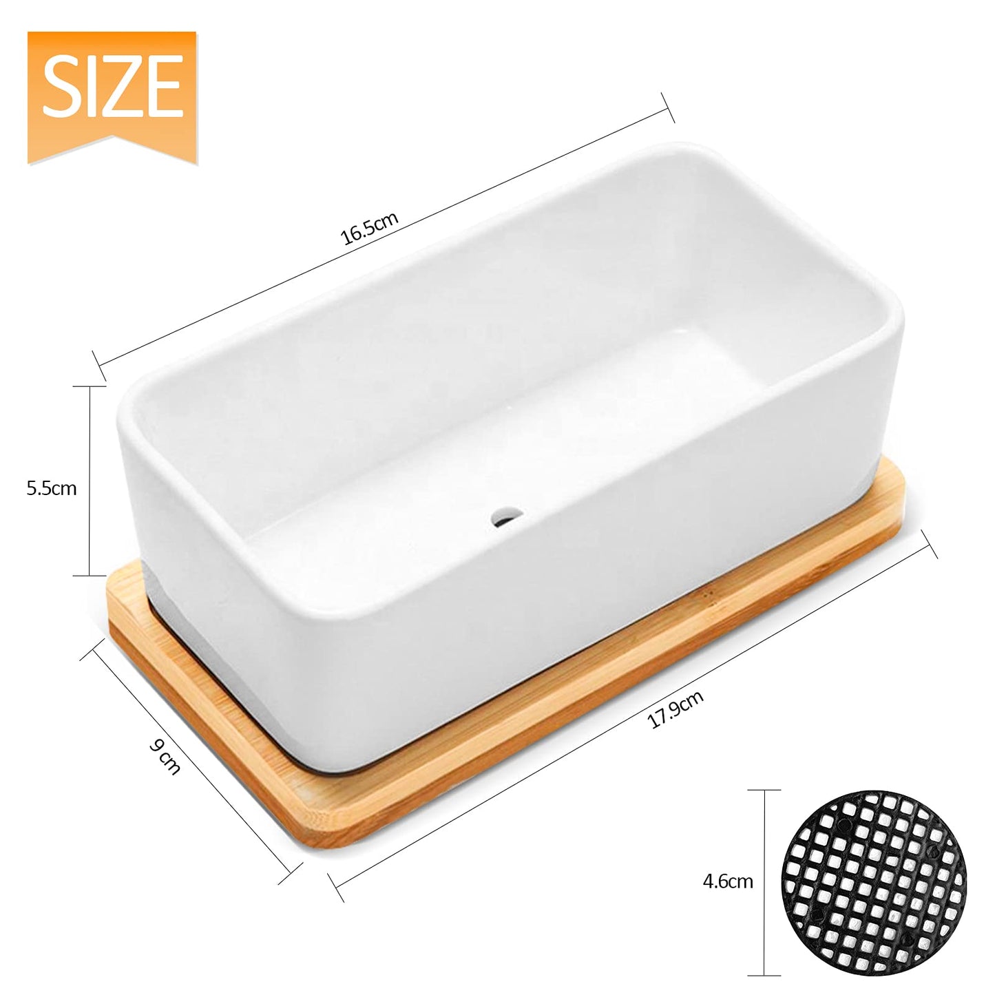 ARVINKEY White Ceramic Succulent Planters, Indoor and Outdoor Succulent Planters, Set of 2 Small Cactus Containers, Bonsai Pots, Flower Pots with Drainage Hole and Bamboo Bowl (No Plant)