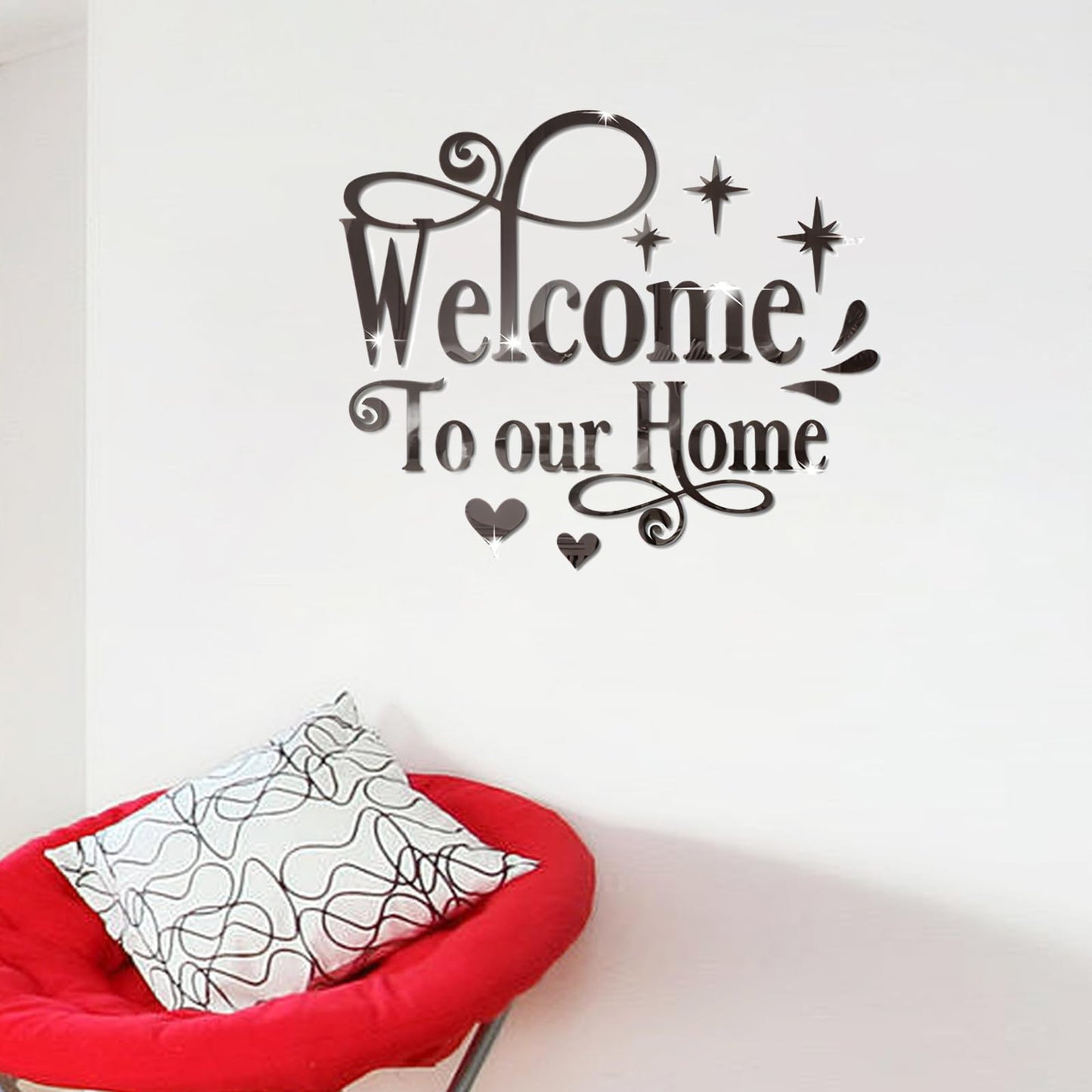 INCAUCA Welcome to Our Home Wall Decor Sticker, Home Acrylic 3D Mirror Wall Decal, Removable Art Letter Sign, Wall Door Quote Decoration DIY for Living Room Bedroom Sofa TV Background (Black)