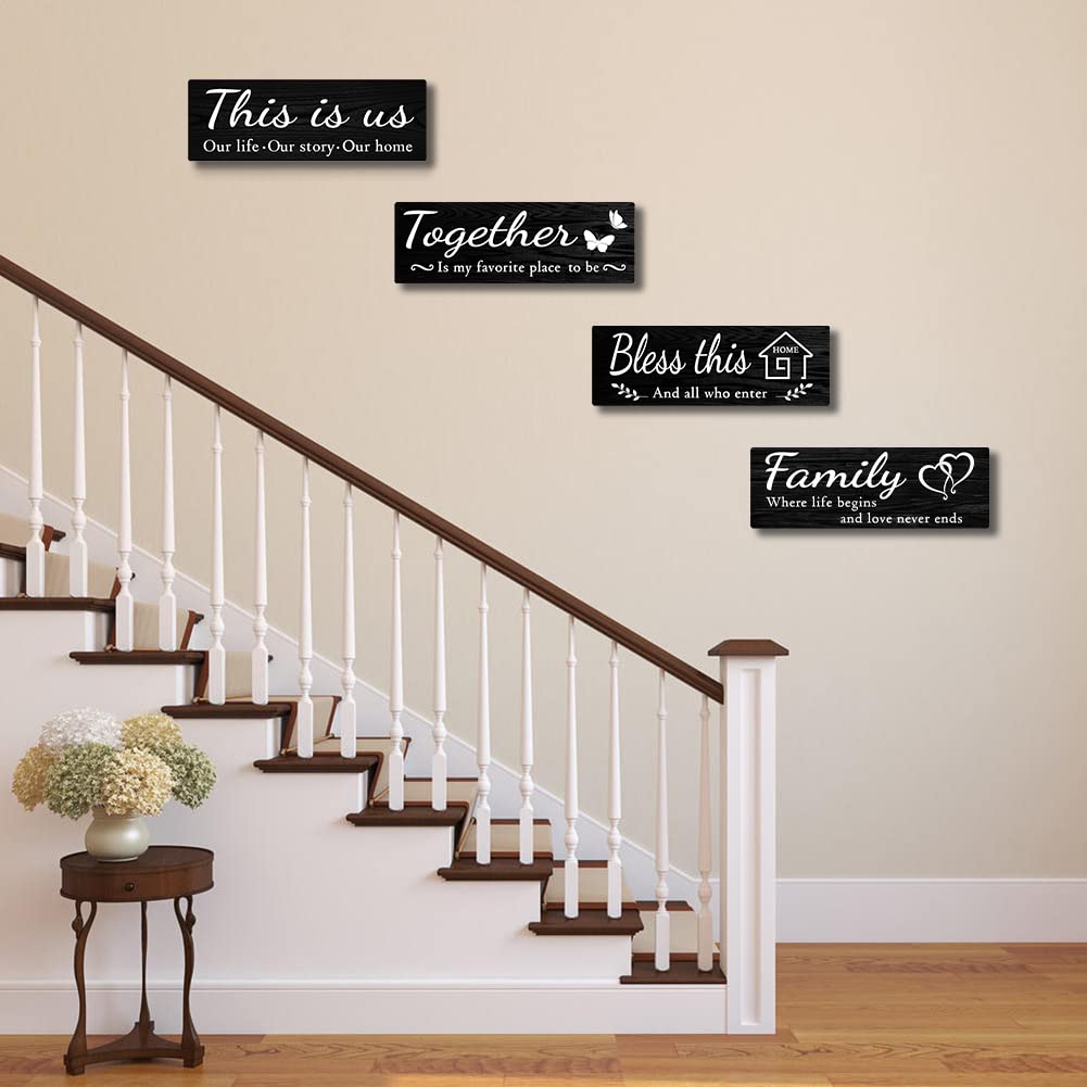 IDATOO 4 PCS Home Wall Decor Signs, Rustic Wooden Living Room Hanging Decorations with Quotes THIS IS US/TOGETHER/BLESS THIS/FAMILY, Housewarming Gifts for Wedding Kitchen