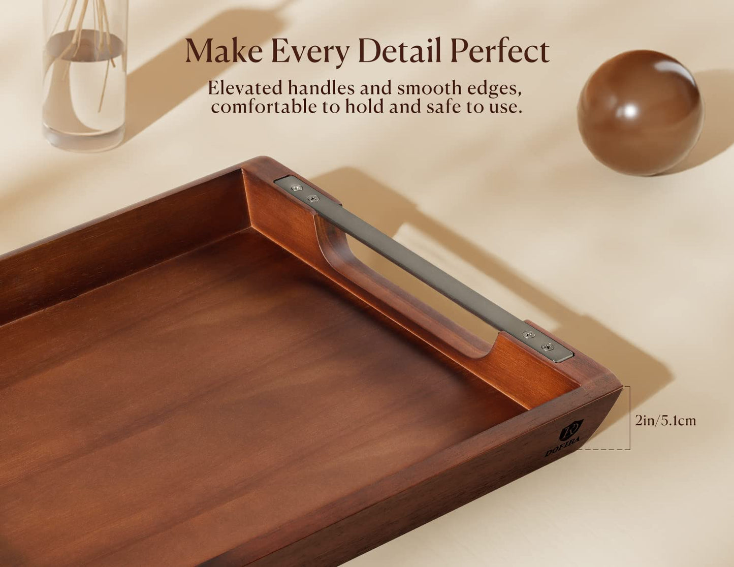 Dofira Acacia Wood Serving Tray with Metal Handles, 17x13in Food Drinks Tray for Coffee Table, Breakfast, Dinner & Bar, Rustic Decorative Storage Tray for Ottoman, Kitchen, Elegent Gift for Mom