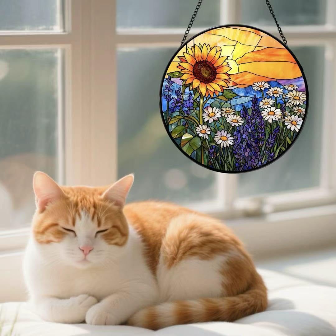 Argodaze Stained Glass Window Hanging - Sunflowers, Daisies, Lavender and Sunset 6.3 Inches Suncatcher for Garden Home Decor for Women Mon Grandma Friends