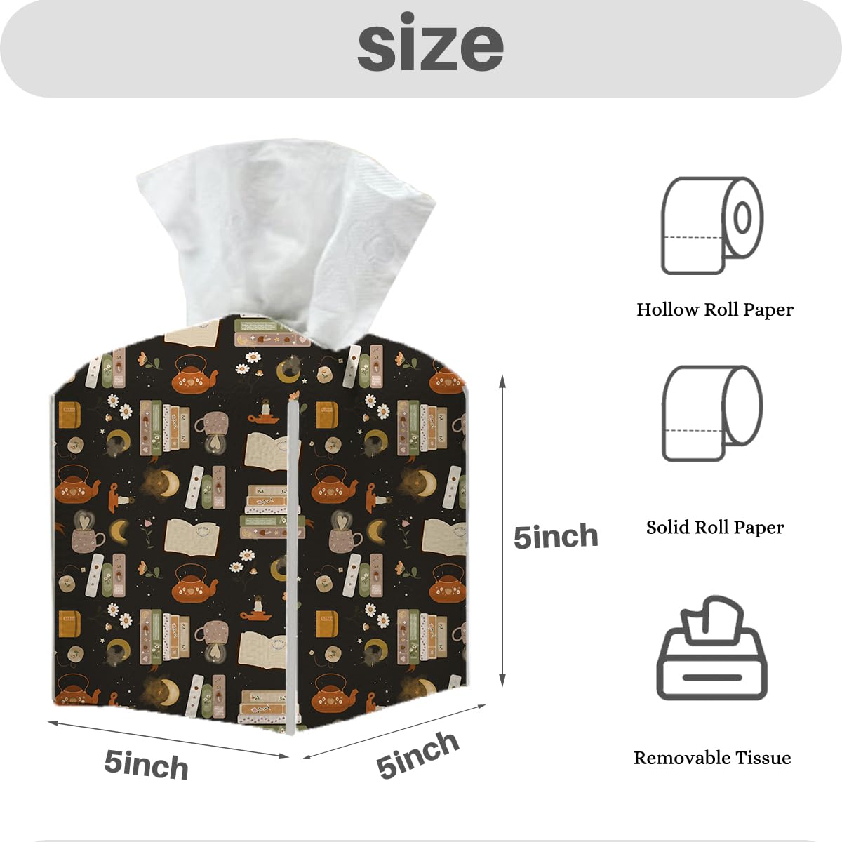 Tissue Box Cover, Tissue Box Holder, Square with Belt Bottom, PU Leather Decorative Organizer for Desk, Tabletop, Countertop Bathroom, Toilet Car, Office, Dresser Bedside, Aesthetic Books Flower Decor