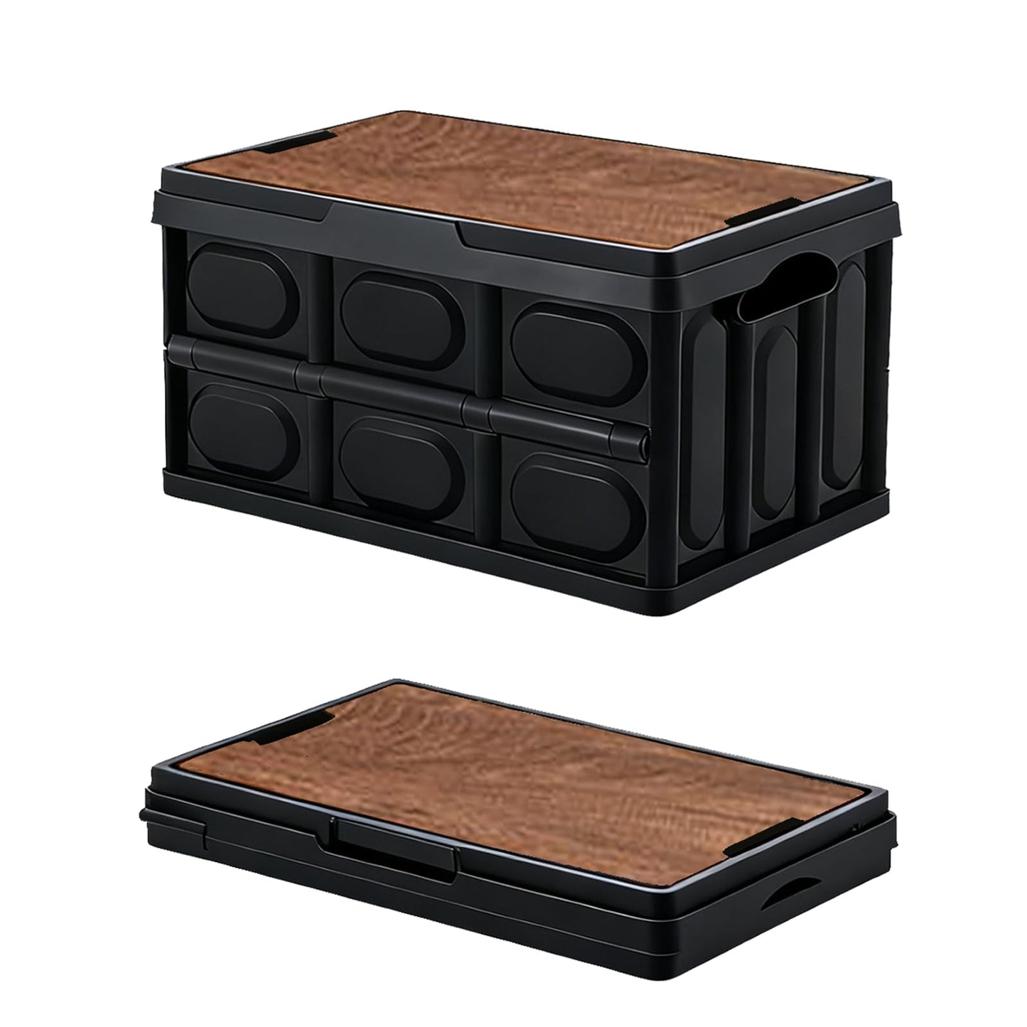 CTESNE【3-in-1 Wooden Lid 32L Storage Bins with Lids and Handle，Portable Foldable Storage Box ，Plastic Stackable Storage Bins for Camp Car RV, Office (Black)