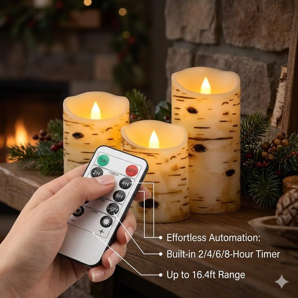 Comenzar Flameless Candles Birch Bark Texture, Flickering Flame Battery Operated LED Candles, Electric Plastic Candles with Remote Timer for Home Decor, Rustic Wedding Centerpiece, Gift Set of 3
