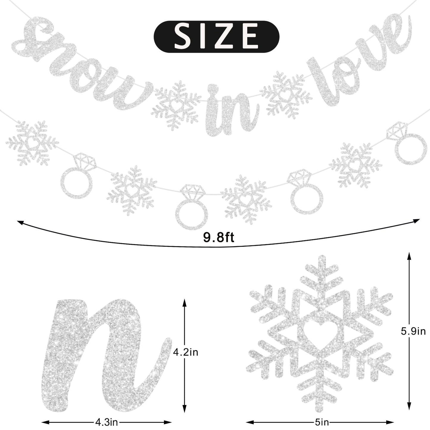 Pre-Strung Snow in Love Banner Glitter Winter Bridal Shower Decorations Banner Snowflake Ring Garland for Winter Christmas Wedding Decor Engagement Party Decorations (Silver)