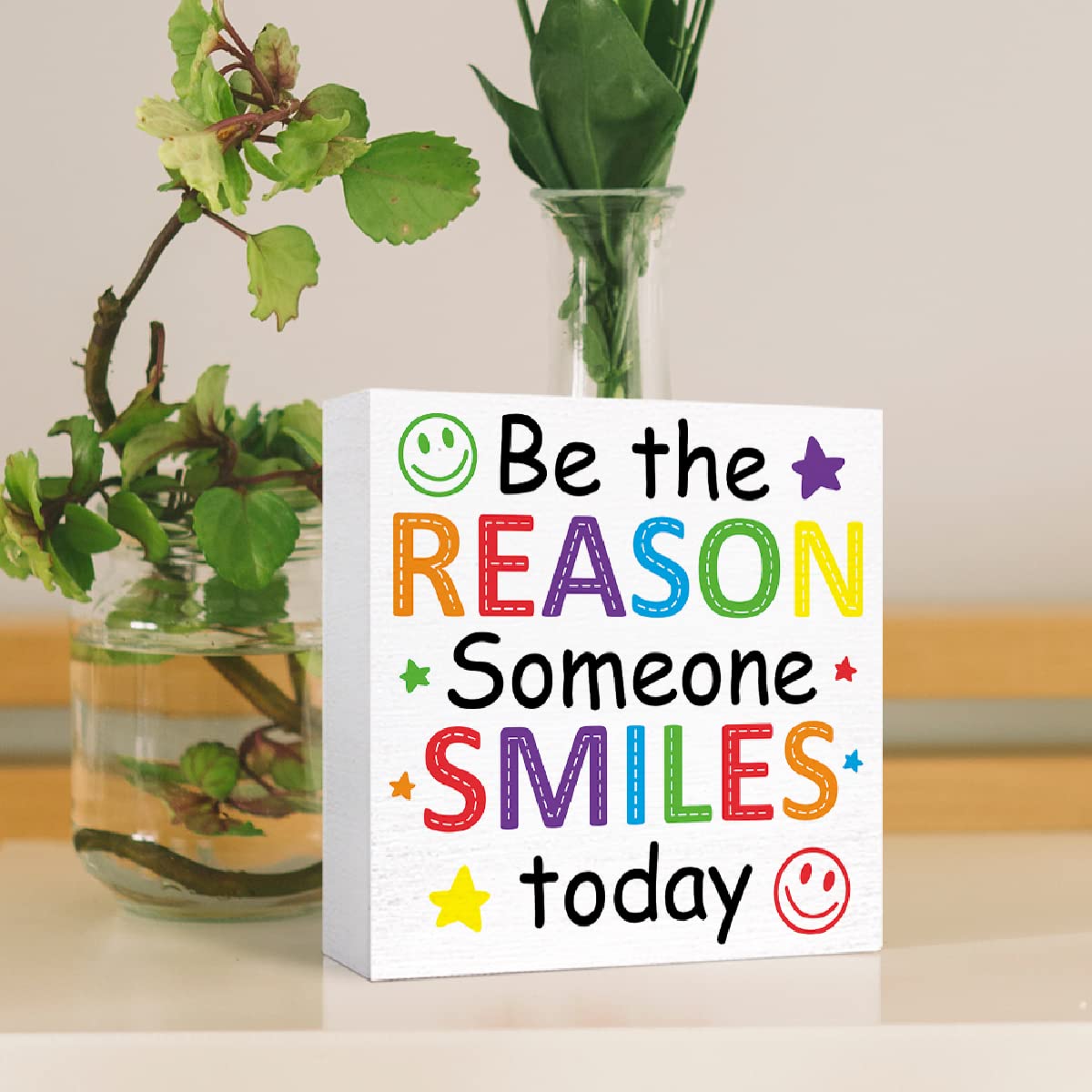 Be the Reason Someone Smiles Today Sign Wood Block,Inspirational Wooden Box Sign Motivational Desk Décor for Office Cubicle,Cheer Up Gifts for Women Coworker 5"L x 5"W x 1"H