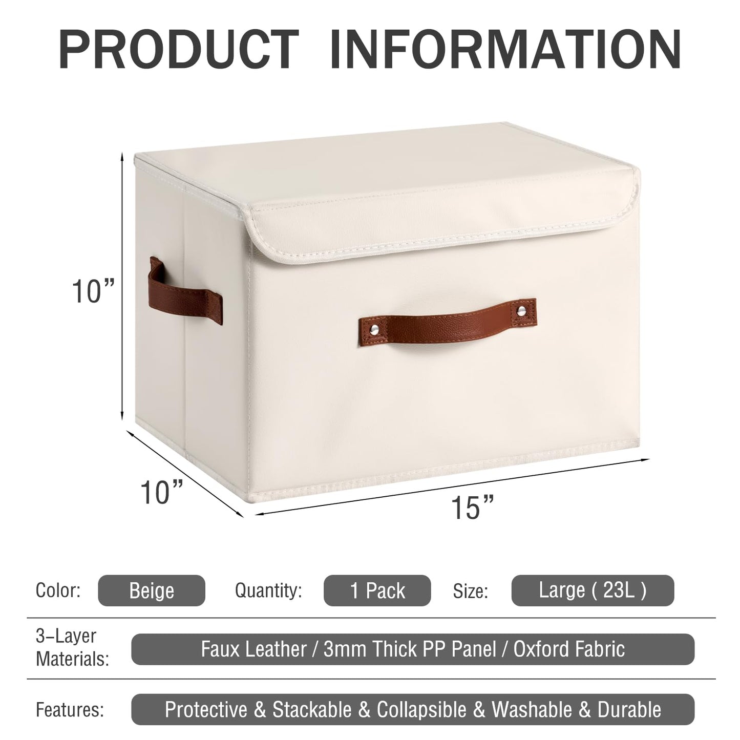 LOLUVIZCO Storage Bins Box with Lids Decorative PU Leather Fabric Baskets Cubes with Handles PP Plastic Board Foldable Washable Lidded Clothing Shelf Closet Organizer Container (Beige, Large)