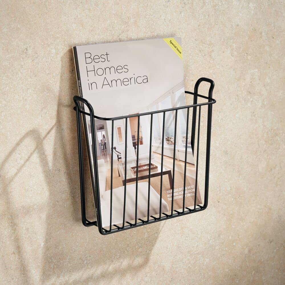 mDesign Metal Wall Mount Decorative Magazine Rack Organizer Bin Holder, Basket for Living Room, Bathroom, Bedroom, Home Office - Holds Books, Newspapers, Tablets - Concerto Collection - Black