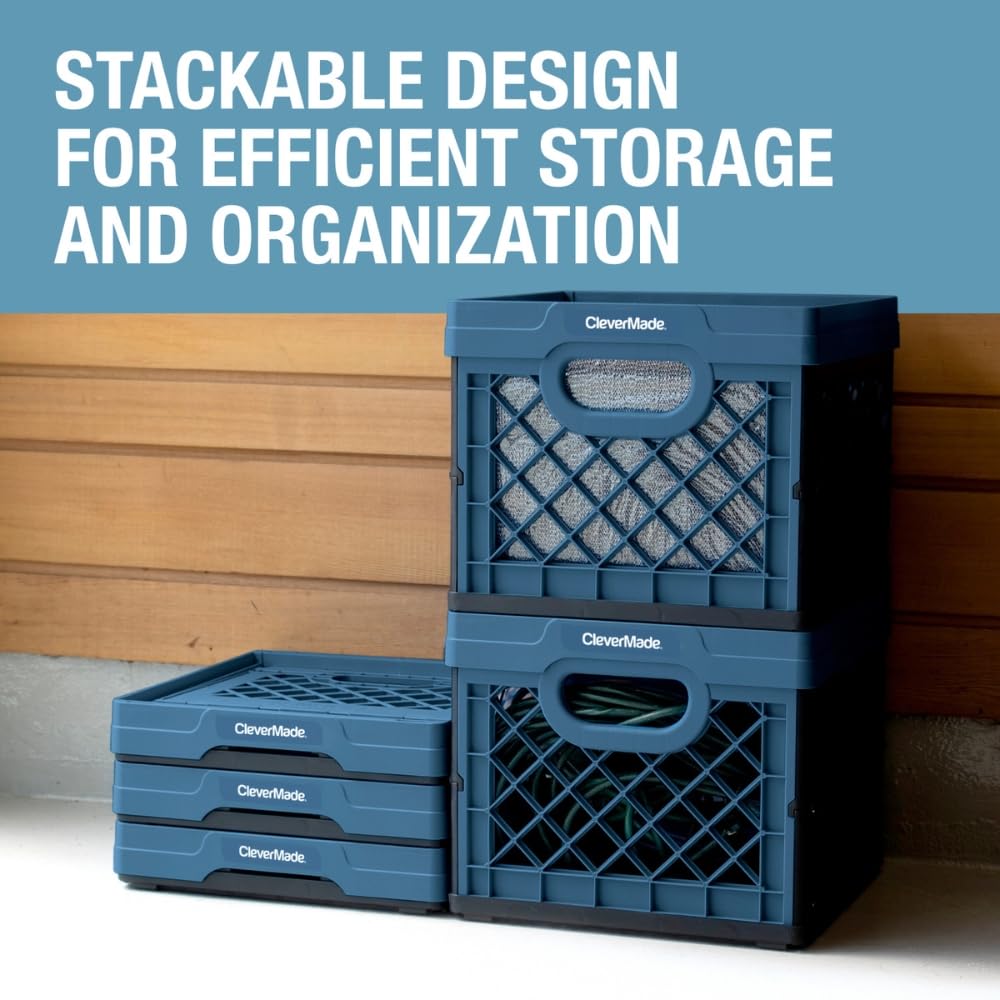 CleverMade Collapsible Milk Crate 25L (6.6 Gal), 50 lb Capacity Heavy Duty Folding Crate – Stackable Storage Crates with File Rails, Plastic Collapsible Crates - Obsidian