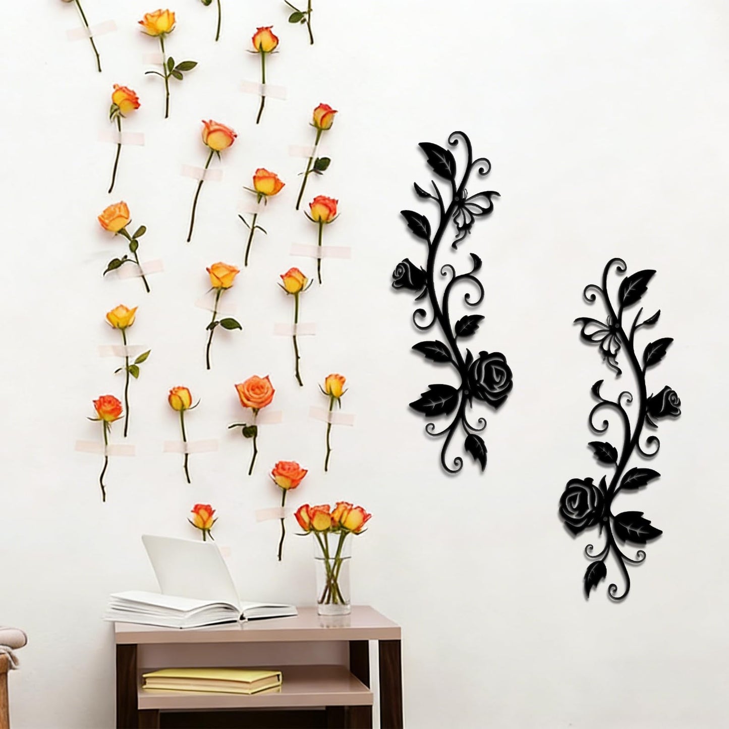 KOYILTD Metal Wall Decor, Black Wrought Iron Rose Vine Wall Art, Rustic Hanging Wall Sculptures with Iron Scroll Design, For Indoor Outdoor Living Room Office Above Door Decoration (Vivid)