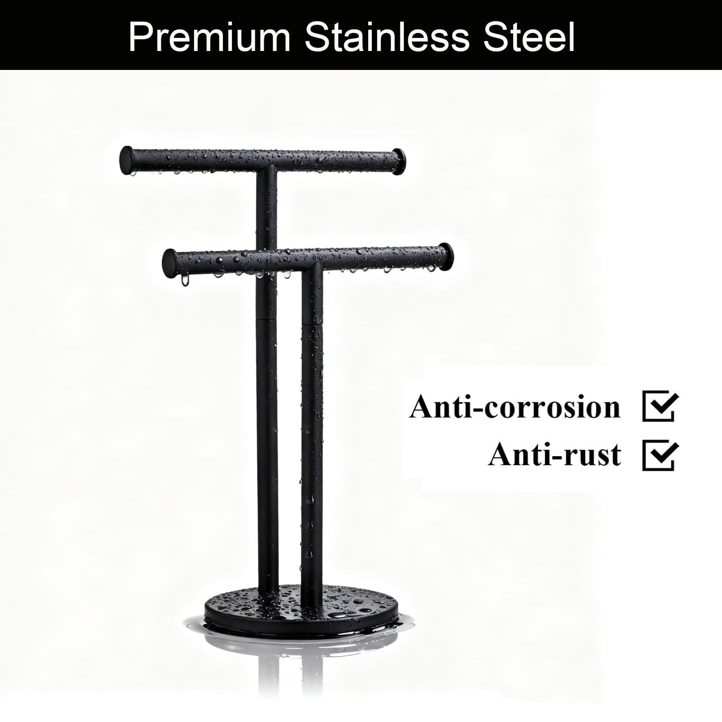 Hand Towel Holder, NEWRAIN Double Countertop Hand Towel Holder Stand, Stainless Steel Free Standing Hand Towel Rack with Heavy Base, for Bathroom Kitchen & Counter top, Matte Black