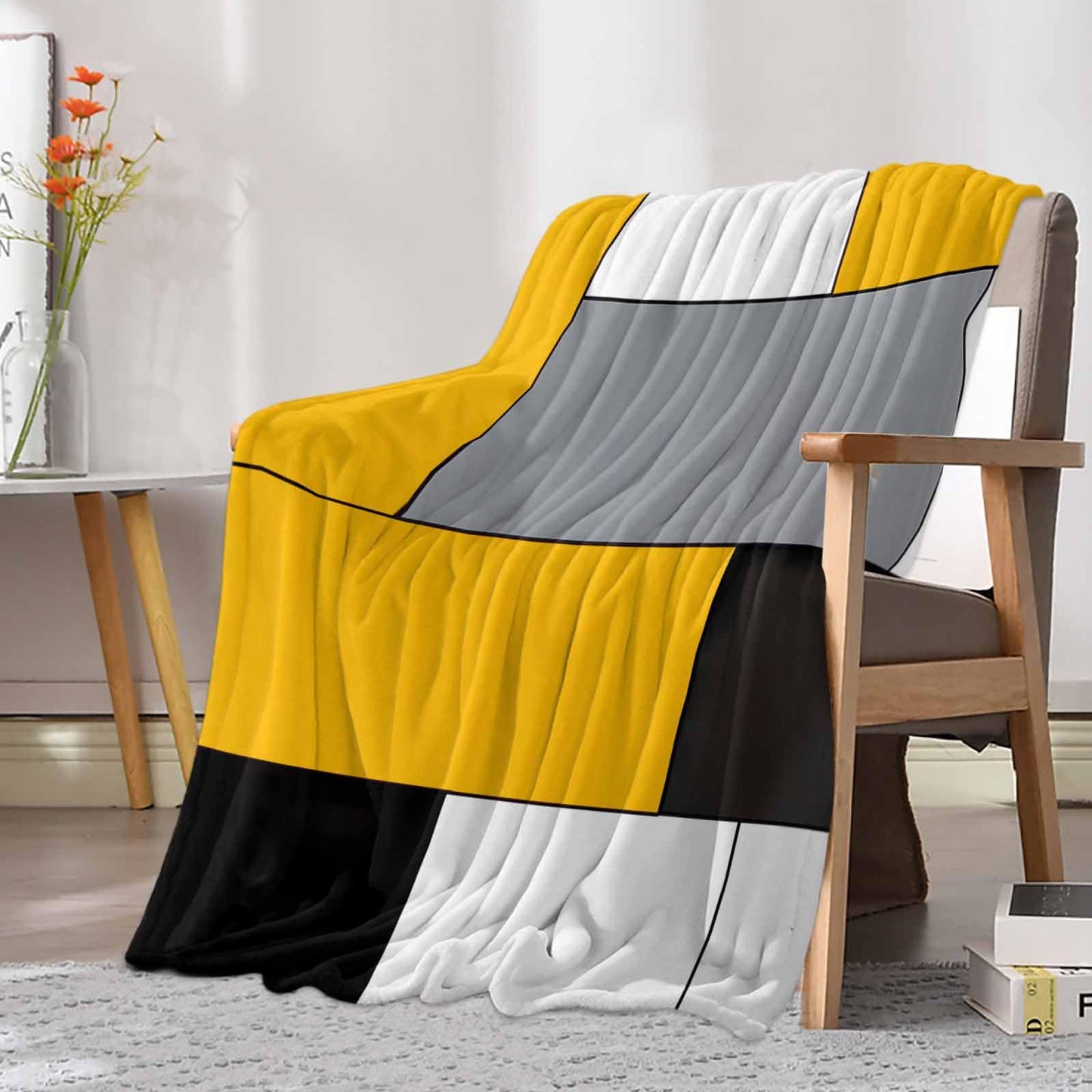 Flannel Throw Blanket Abstract Geometric Patchwork Art,Lightweight Soft Warm Fleece Blankets for Sofa Couch Bedroom,Yellow Black White Grey Cozy Fuzzy Microfiber Throws for All Seasons 30x40in