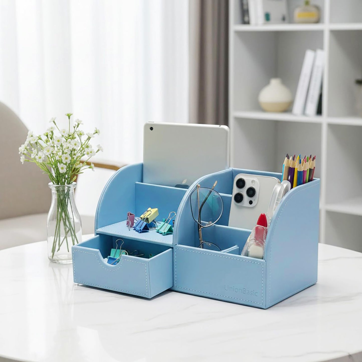 UnionBasic Desk Organizer - Multifunctional Leather Desktop Pen Holder Storage Box - Business Card/Pen/Pencil/Mobile Phone/Stationery Holder, Blue