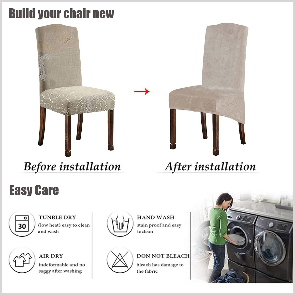 KELUINA Velvet Plush XL Dining Chair Covers, Stretch Chaircover, Spandex High Chairs Protector Covers Seat Slipcover with Elastic Band for Dining Chairs (Tauqe 1, Set of 2)