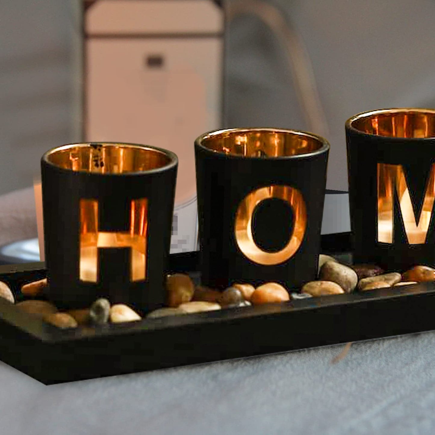 MrMrKura Home Decorative Candle Holder Set, 4 Glass Tea Light Candleholders with Wooden Candle Holders Tray, Natural Pebbles for Home Decor Table Decorations Centerpiece