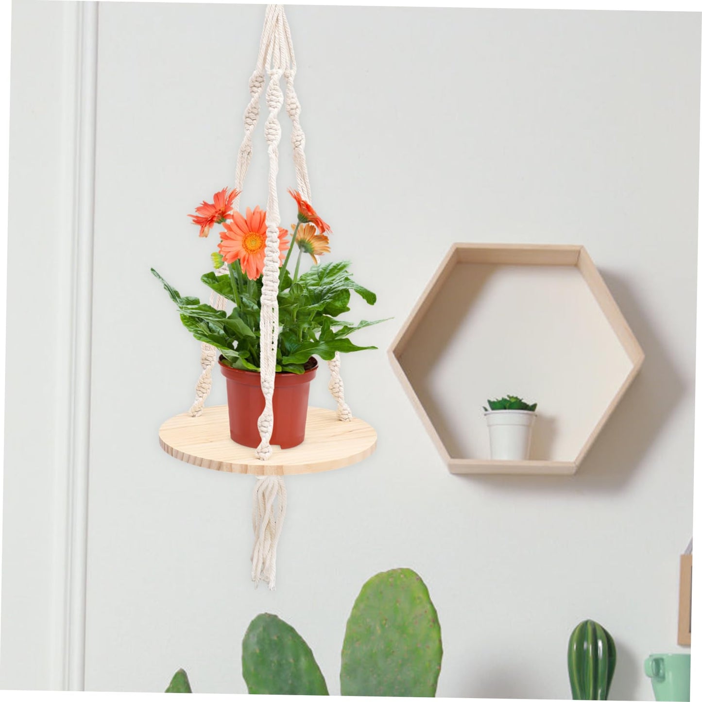 SOLUSTRE Boho Macrame Hanging Shelf Tassels Natural Wood Floating Plant Pot Holder for Indoor Wall Decor 24 Diameter Cotton Rope Design for Flower Pots and Home Decoration