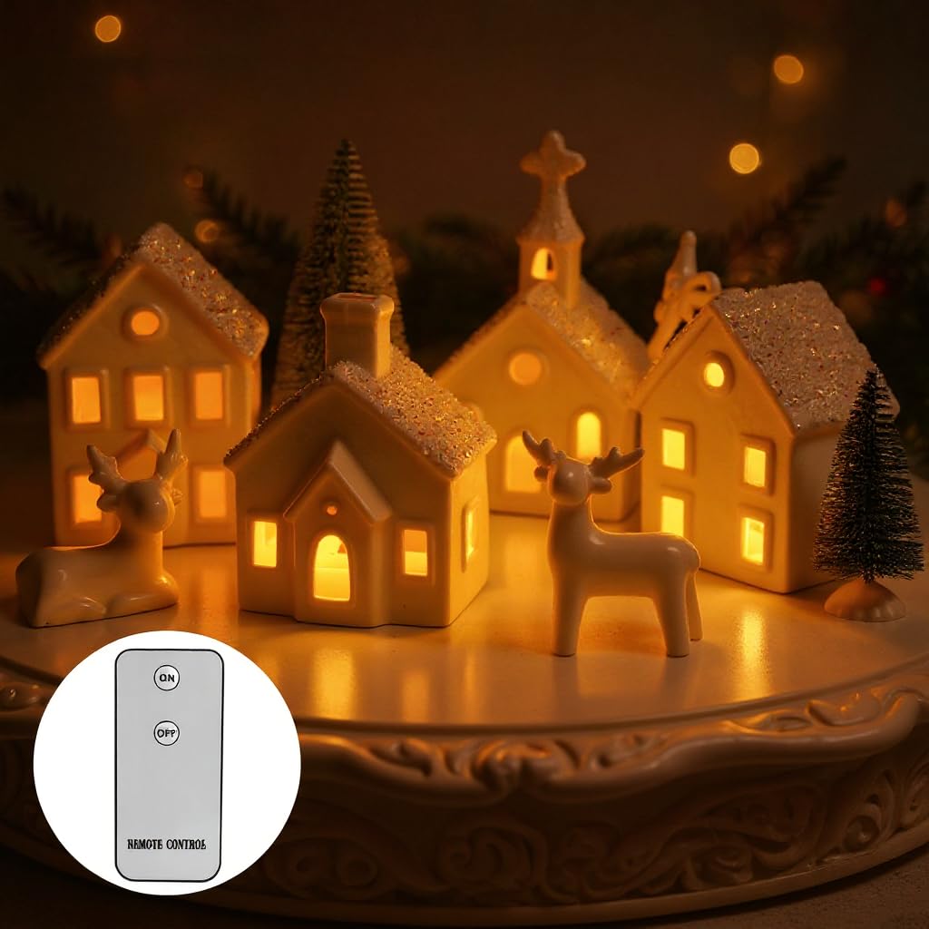 Christmas Decorations Indoor - 9 Piece Christmas Village Sets with 4 Remote Control Lighted Ceramic Houses, 2 Trees, 2 Deer & Santa - Neutral White Farmhouse Holiday Decor for Home Table Room(White)