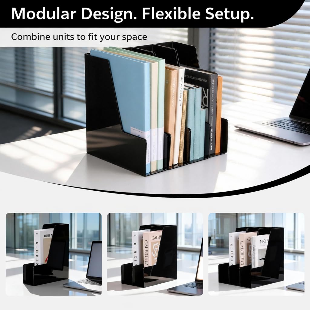CiWiVOKi Vertical Magazine File Holder, Desk Organizer and Storage for Magazines, Binders, Notebooks, Envelopes, Multi-Purpose Desktop File Organizer for Home, Office & Classroom, 4 Pack, Black