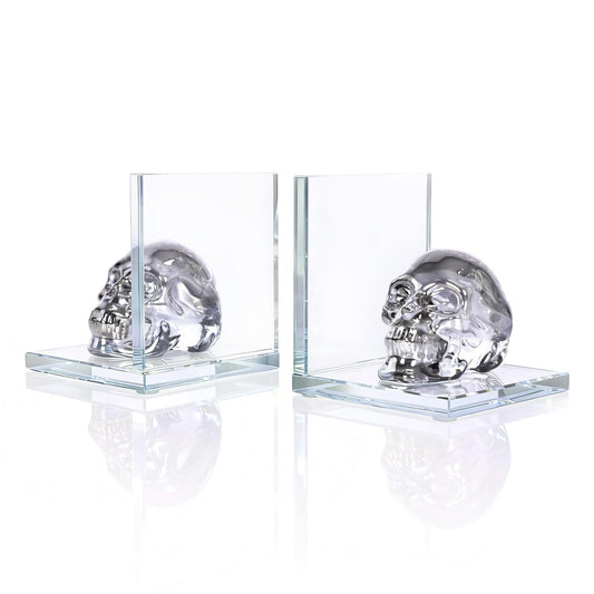 Skull Bookends Set of 2 – L Shaped Crystal Skull Decorative Bookends, Heavy Duty Non-Slip Book Ends for Shelves, Office and Home Decor