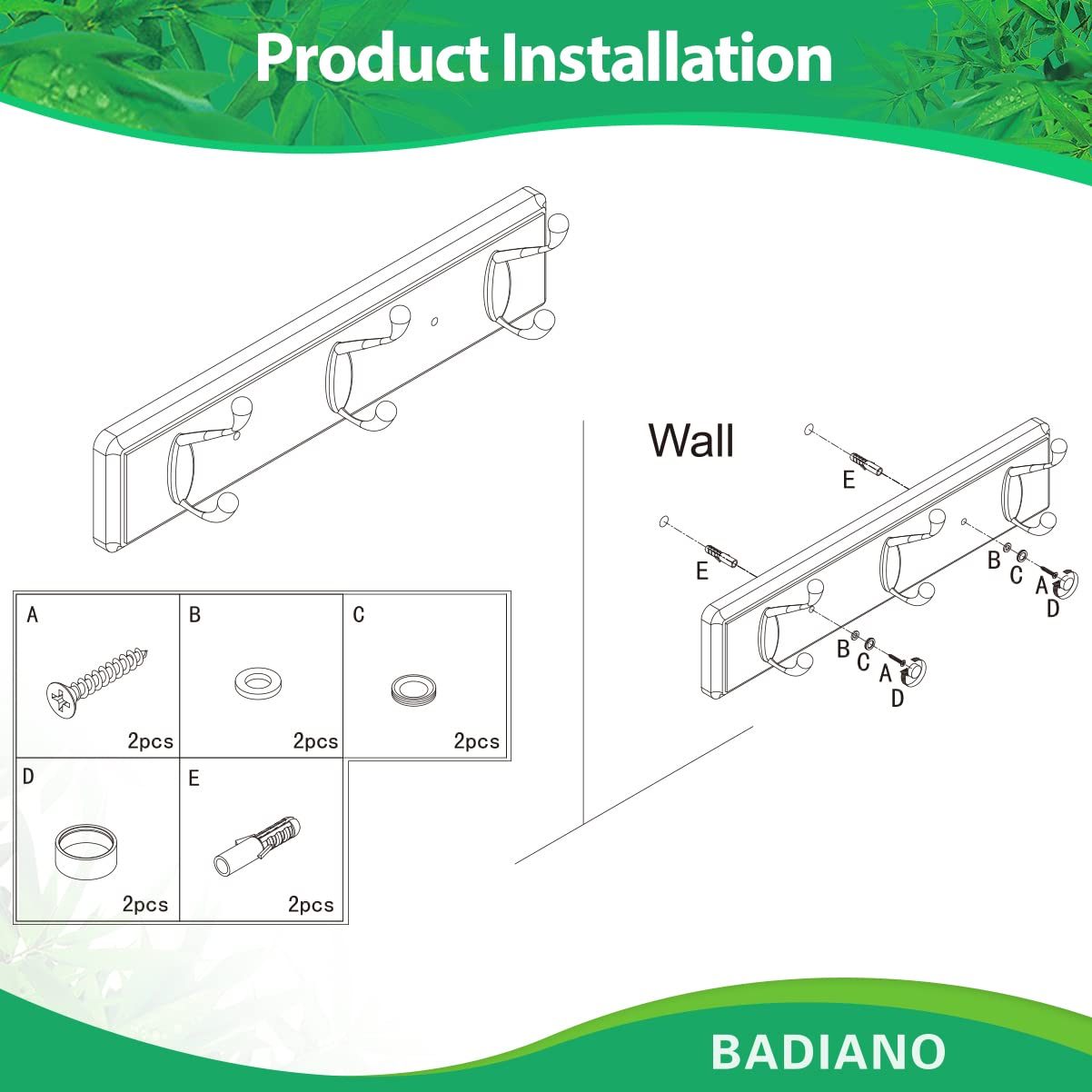Badiano Wooden Coat Rack, Wall-Mounted Organizer for Closet, Entryway, Hallway, Foyer, Bedroom, Heavy Duty Double Hooks for Hanging Towels, Bags, Hats, Jackets, Key (White, 3 Hooks)