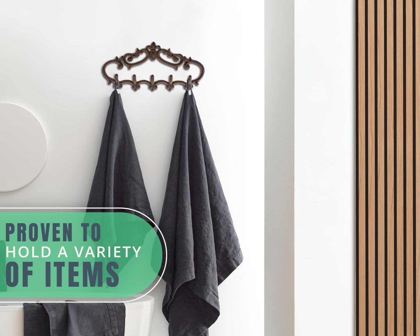 Comfify Cast Iron Wall Mounted Hanger – Vintage Design with 5 Hooks for Keys, Towels, Robes, and Clothes – Heavy Duty Rustic Metal – 12.6" x 5.9" – Brown