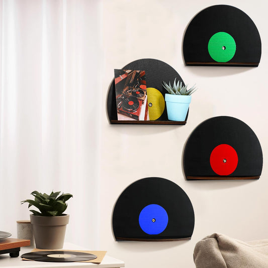 Threehoney 4 Pcs Vinyl Record Wall Decor Music Art Themed Wall Storage Shelf Blank Record Shaped Hanging Sign Aesthetic Music Theme Home Decoration for Room Bedroom Party Decor(Classic,Wooden)