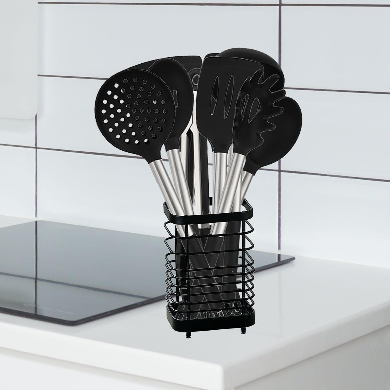 KEINEUX Utensil Holder Kitchen Countertop Organizer, Cutlery Drainer Sink Caddy Storage Drying Rack for Silverware Flatware and Cookware Stainless Steel(Black-L)