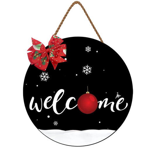 Round Christmas Welcome Sign for Front Door, Merry Christmas Wooden Welcome Hanging Door Wreath Xmas Holiday Decorations Wreath with Bow for Front Door Home Farmhouse Porch Indoor Outdoor(12 in)