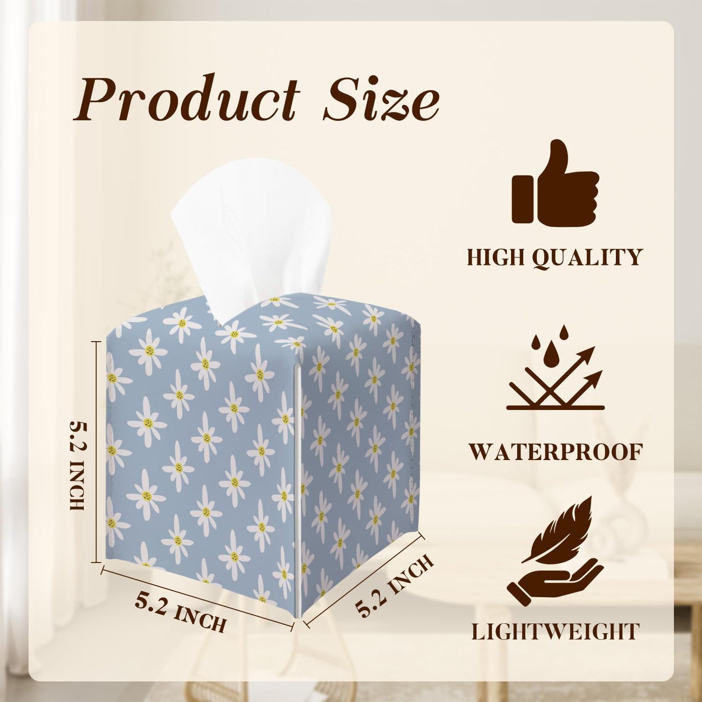 Flower Tissue Box Cover, Square Tissue Box Cover Leather Tissues Holder, Facial Paper Organizer Dispenser for Home Bathroom Office Bedroom Vanity Tabletop Decor -09