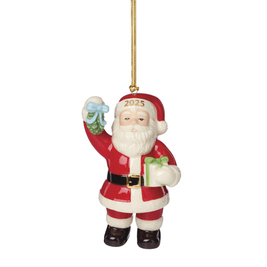 Lenox Ornament, 2025 Santa with Mistletoe Ornament, Made from Porcelain, Gold Accents, Features A Gold Cord for Hanging, Christmas Tree Decorations and Christmas Home Decor (Red & White, 1 Piece)