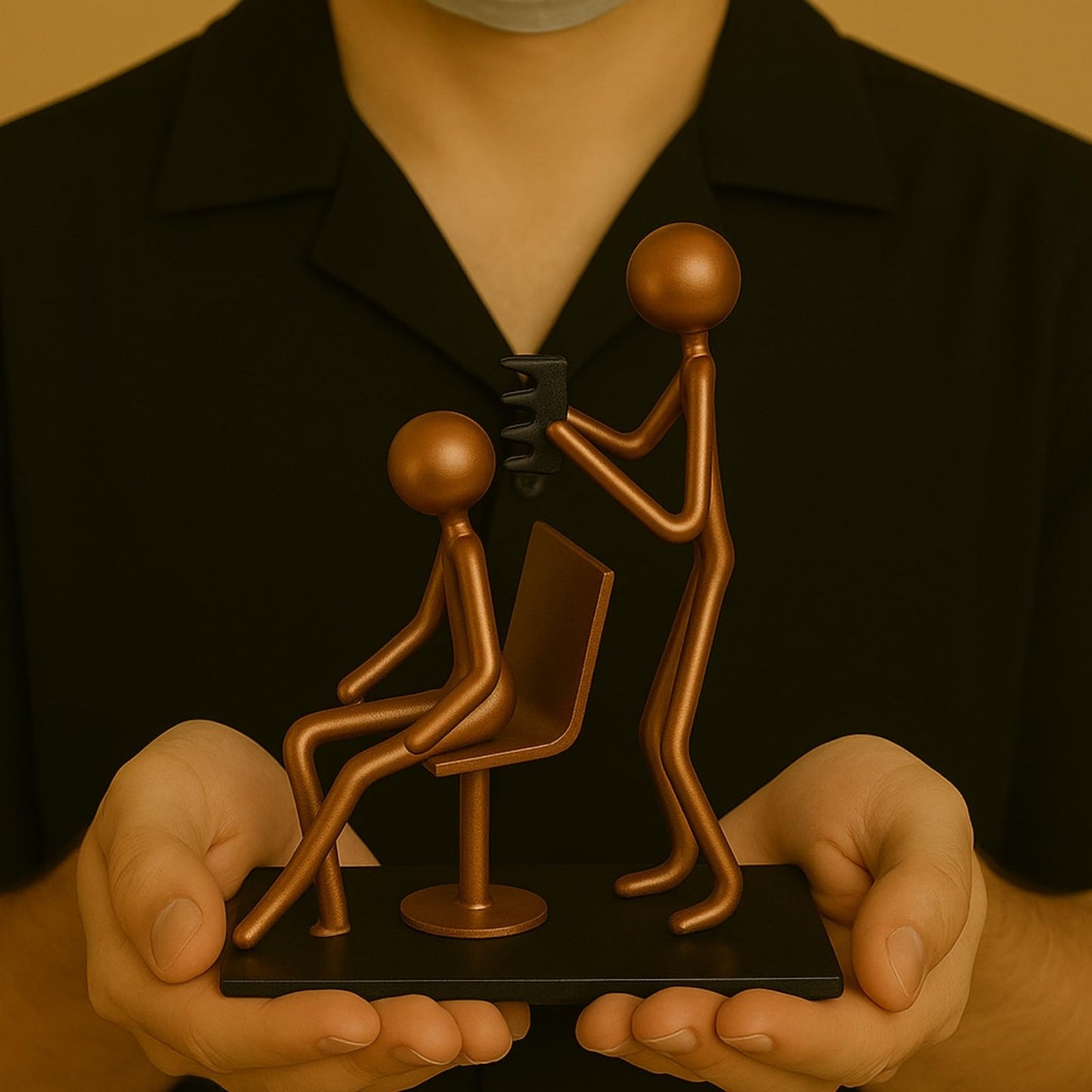 GUTE Hairdresser Craft Handmade Figurine 4.25" L x 4.25" H Recycled Metal Sculpture & Hand Welded Bronze Finish Art Gift Barber Shop Decor, Salon Desk Accessories & Hairstylist Appreciation Gifts