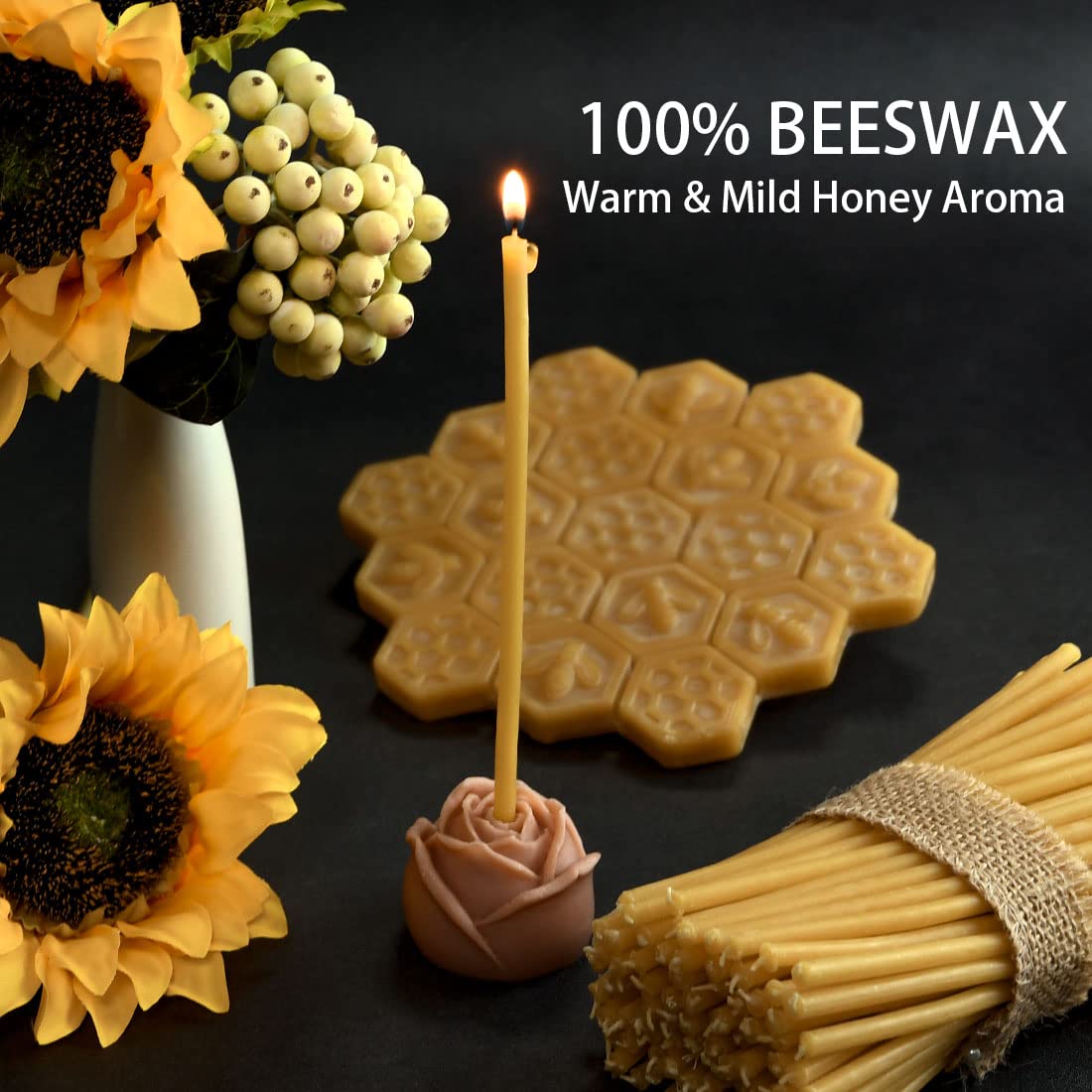 DEYBBY Beeswax Birthday Candles 100 Count Dripless and Smokeless Eco Taper Candles for Home, Dinner, Cake, Prayer, Church, Hanukkah, Christmas