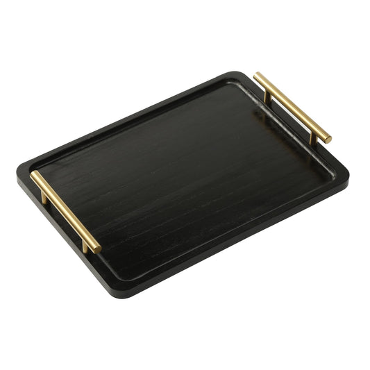 PEKER Wooden Serving Tray with Metal Handles, Black Decorative Coffee Table Tray for Breakfast in Bed, Ottoman & Home Décor, Wooden Food Tray for Kitchen, Living Room & Dining Table