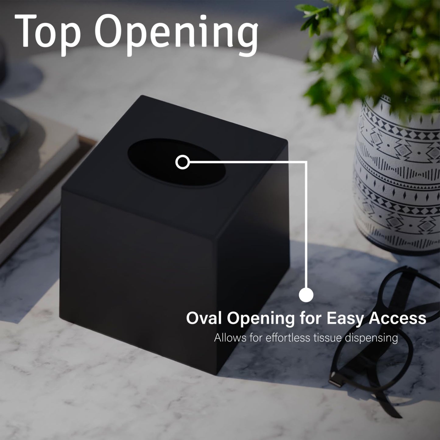 Creative Scents Black Tissue Box Cover Square - 1 Pack Plastic Cube Tissue Holder Dispenser - Decorative Facial Tissue Box Holder for Living Room, Office Desk - Vanity Countertop (5.5" x 5.5" x 5.6")