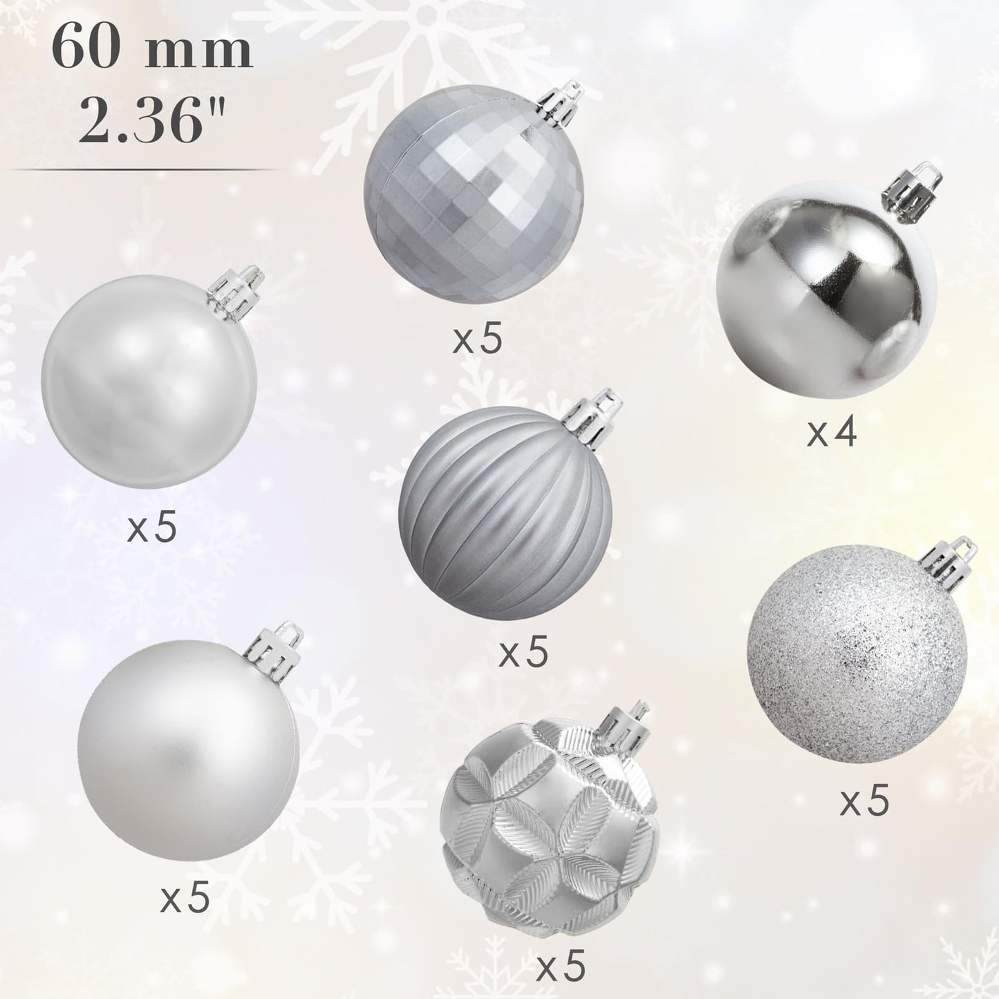 AMS 2.36''/60mm 34ct Christmas Ball Large Ornaments Party Decorations Shatterproof Festival Pendant Hangings for Xmas Tree Decor (60mm, Sivler)