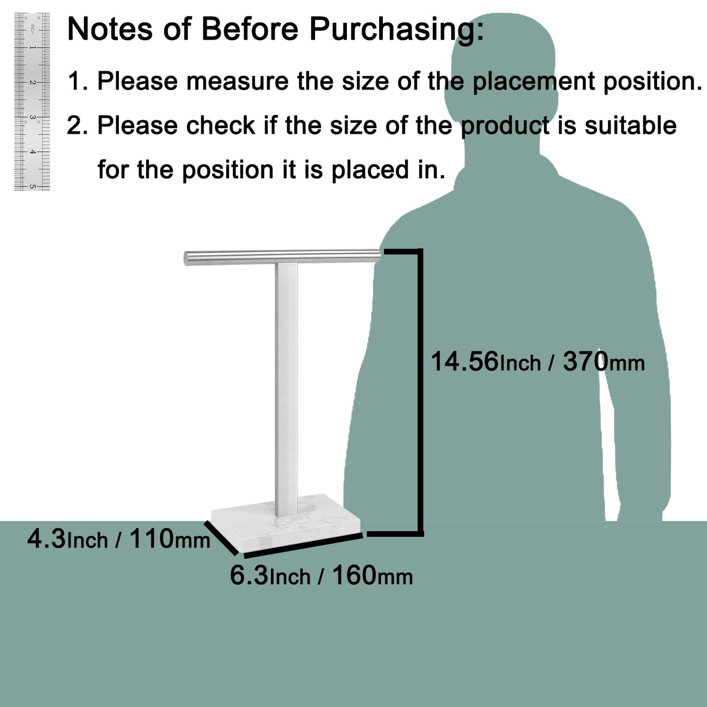 BathAce Hand Towel Holder, T-Shape Hand Towel Stand for Bathroom, Hand Towel Rack Bar Standing for Vanity Kitchen Countertop, 304 Stainless Steel (Marble Base, Brushed)