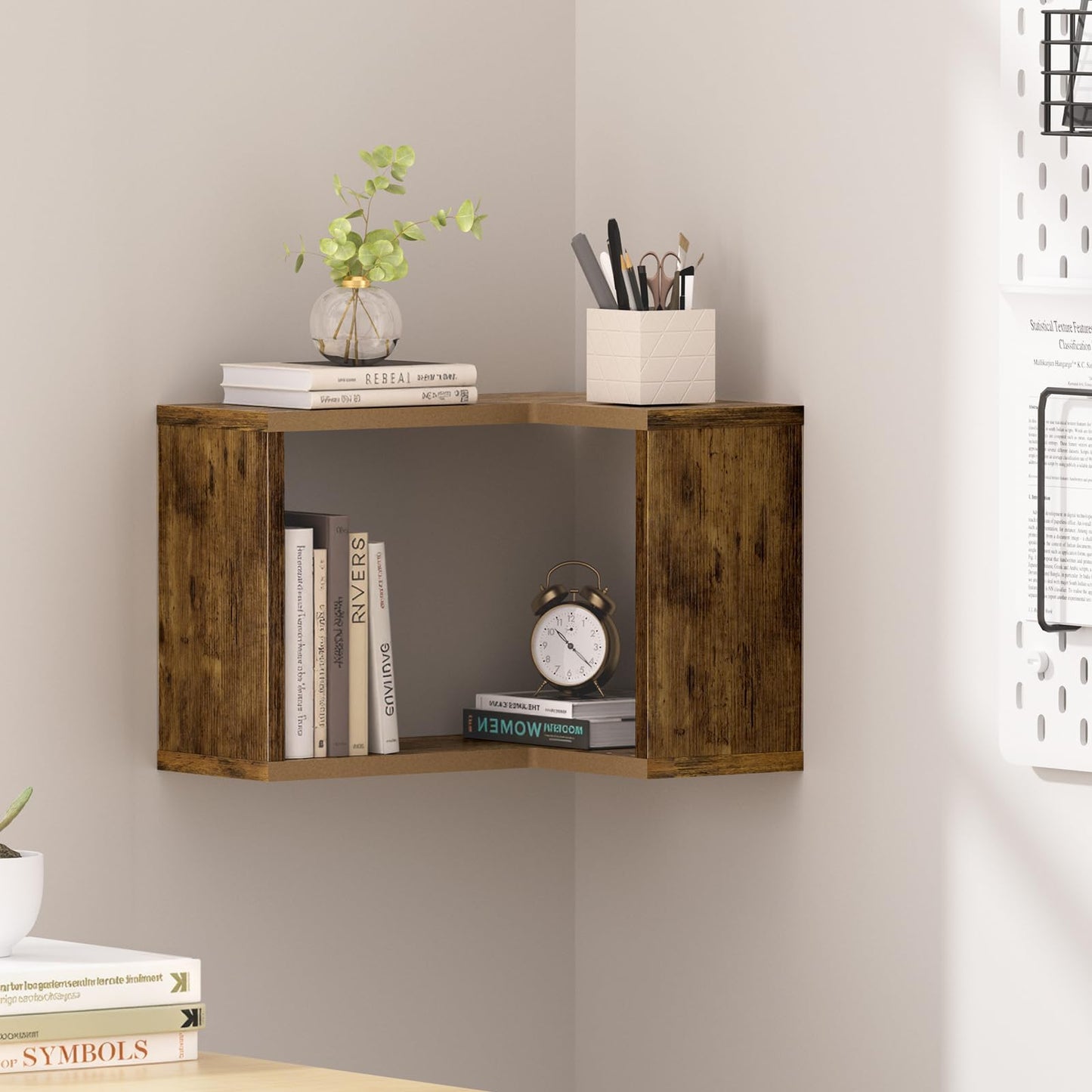 Atoping Floating Corner Shelf, 2-Tier Floating Shelf for Wall, Wood Floating Book Shelf for Living Room, Bedroom, Bathroom, Home Office, Rustic Brown
