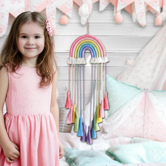 Honcas Rainbow Macrame Wall Hanging - Hand-Woven Cotton Tassel Tapestry Decor for Baby Room, Nursery, and Home Decor (Pink Rainbow)