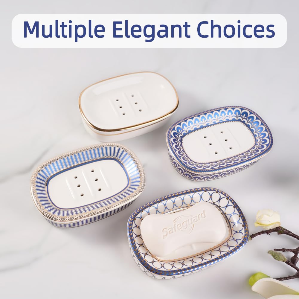 Self Draining Soap Dish, Double-Layer Bar Soap Tray, White Ceramic Soap Dish with Elegant Patterns (Style B)