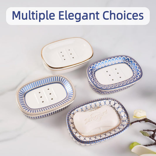 Self Draining Soap Dish, Double-Layer Bar Soap Tray, White Ceramic Soap Dish with Elegant Patterns (Style B)